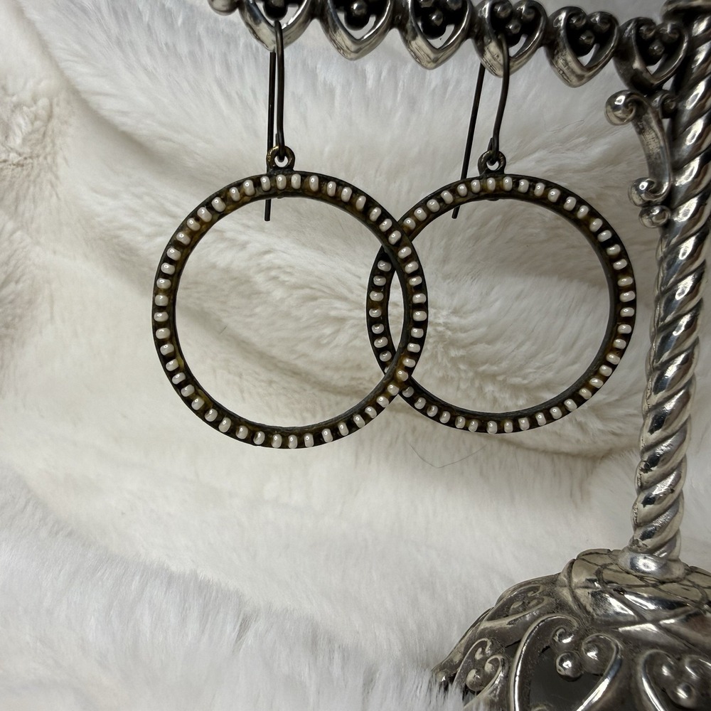 Boho Hoop Earrings White Stone Rubbed Bronze Finish 1.5 Inch